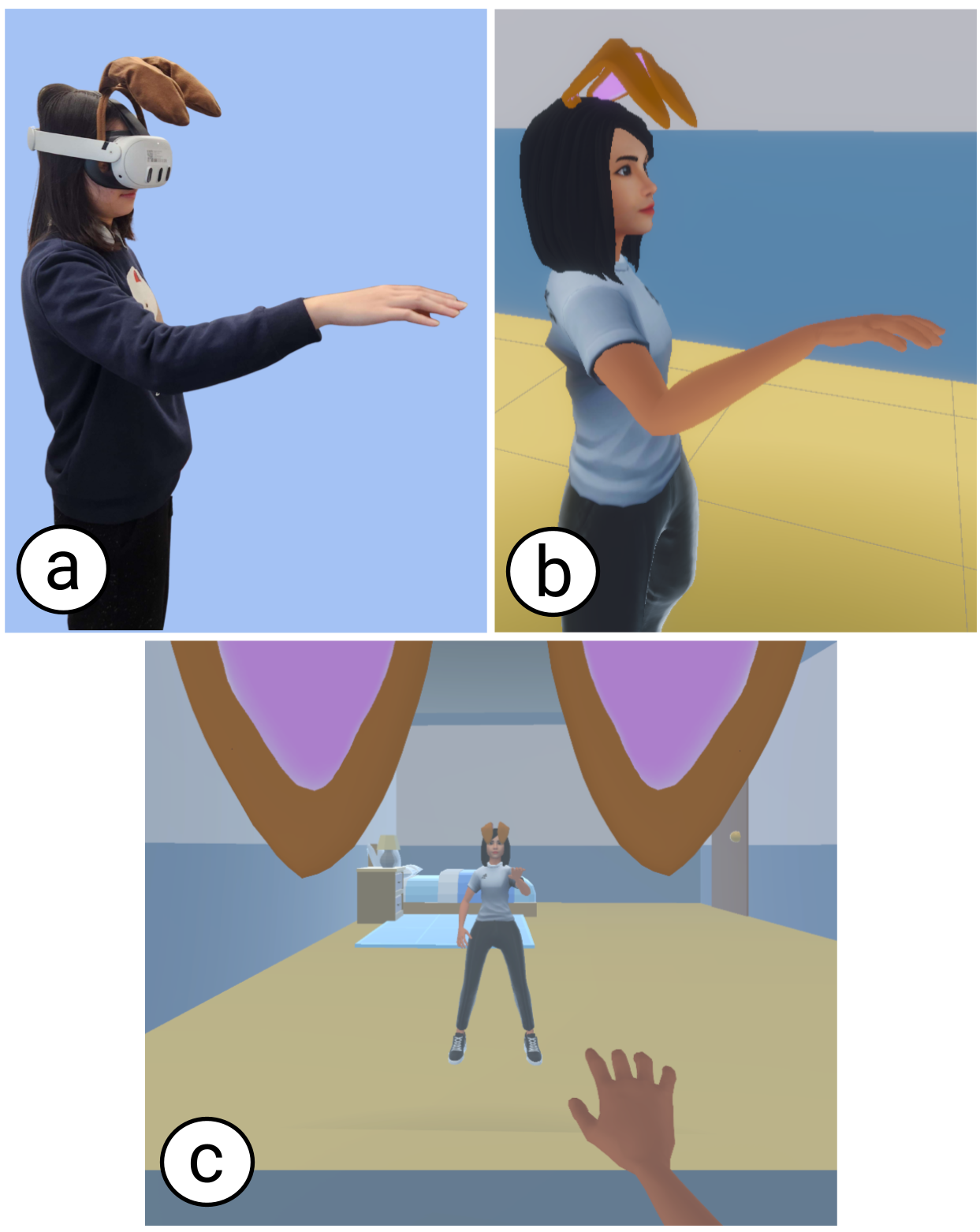 Our 4 experimental conditions for feeling dog ears: no haptics, active haptics, passive haptics, and both.